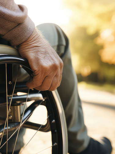 closeup of disabled person riding in wheelchair at park. disability insurance. generative AI